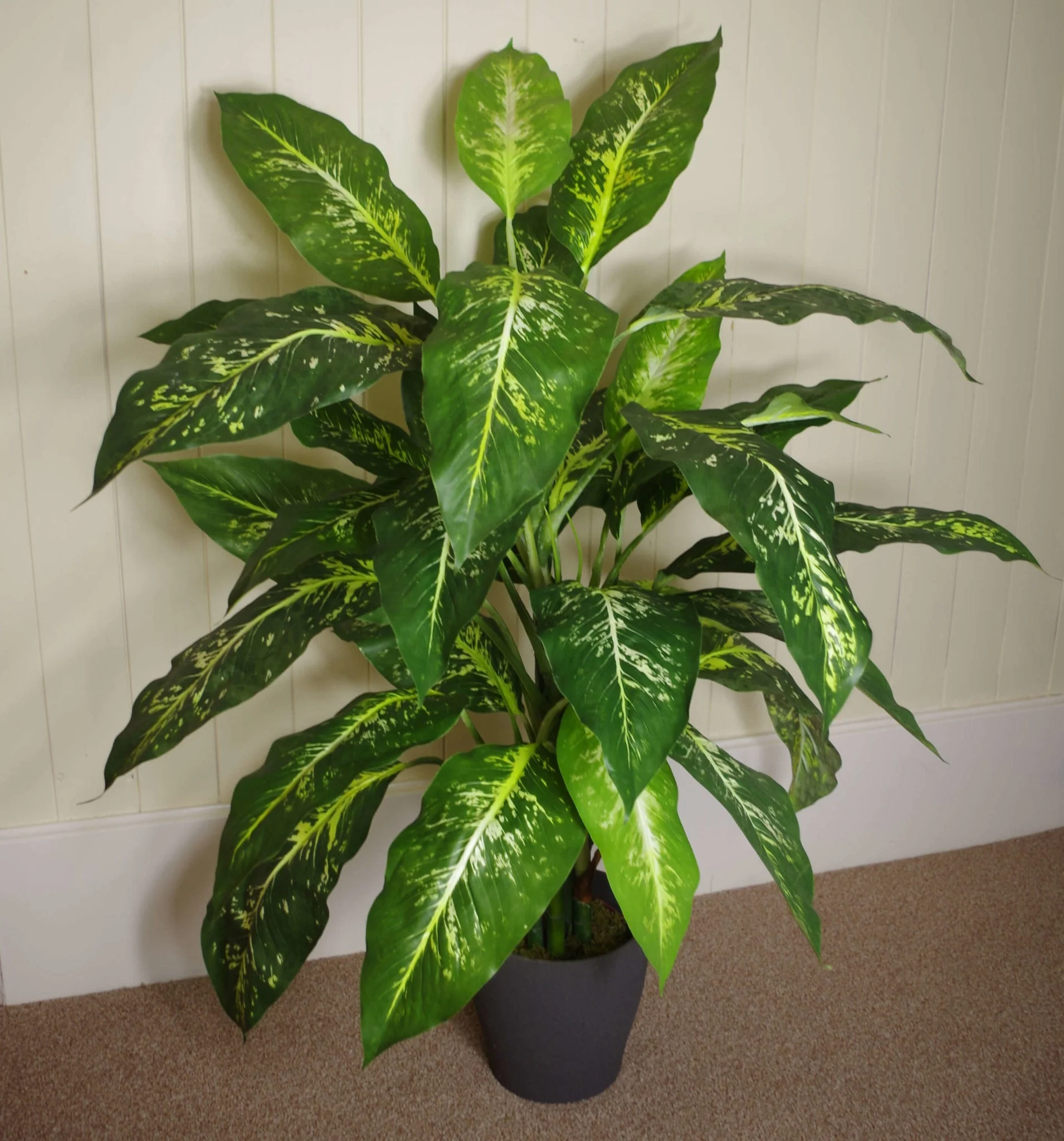 100cm Large Foxs Aglaonema (Spotted Evergreen) Tree Artificial Plant with Silver Metal Planter - Image 2