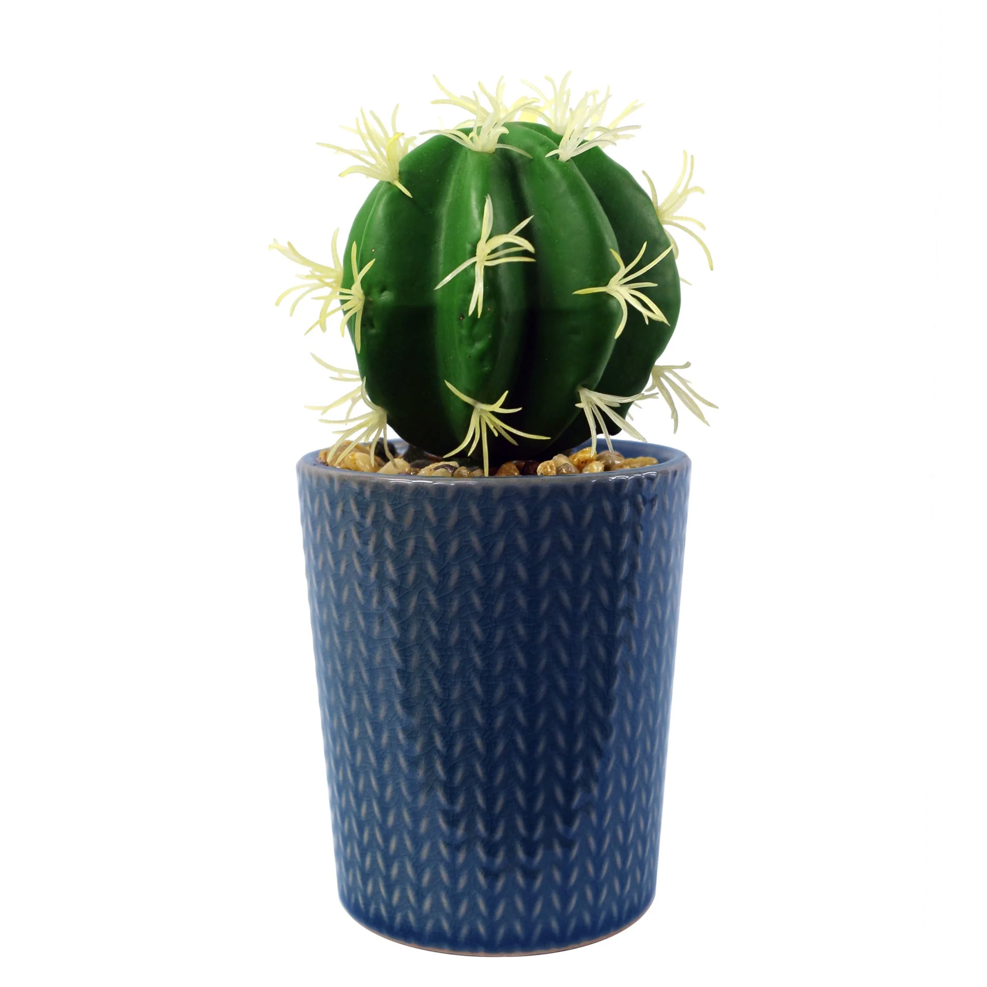 17cm Ceramic Blue Stripe Planter with Artificial Cactus