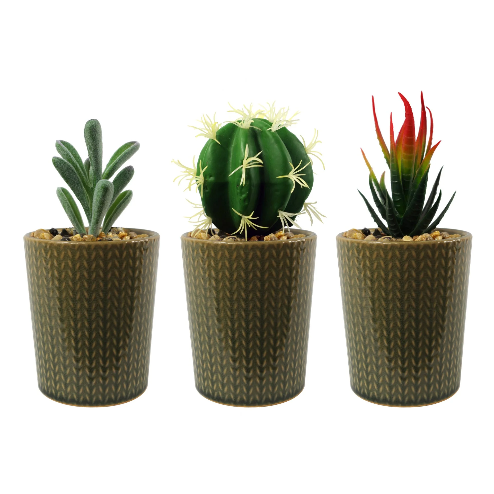 17cm Ceramic Stone Stripe Planter with Artificial Cactus - Image 2