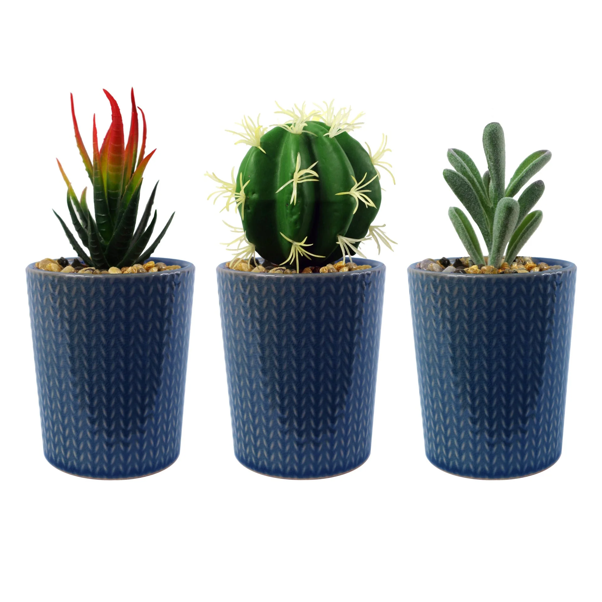 18cm Ceramic Blue Stripe Planter with Artificial Red Dracaena Plant - Image 2