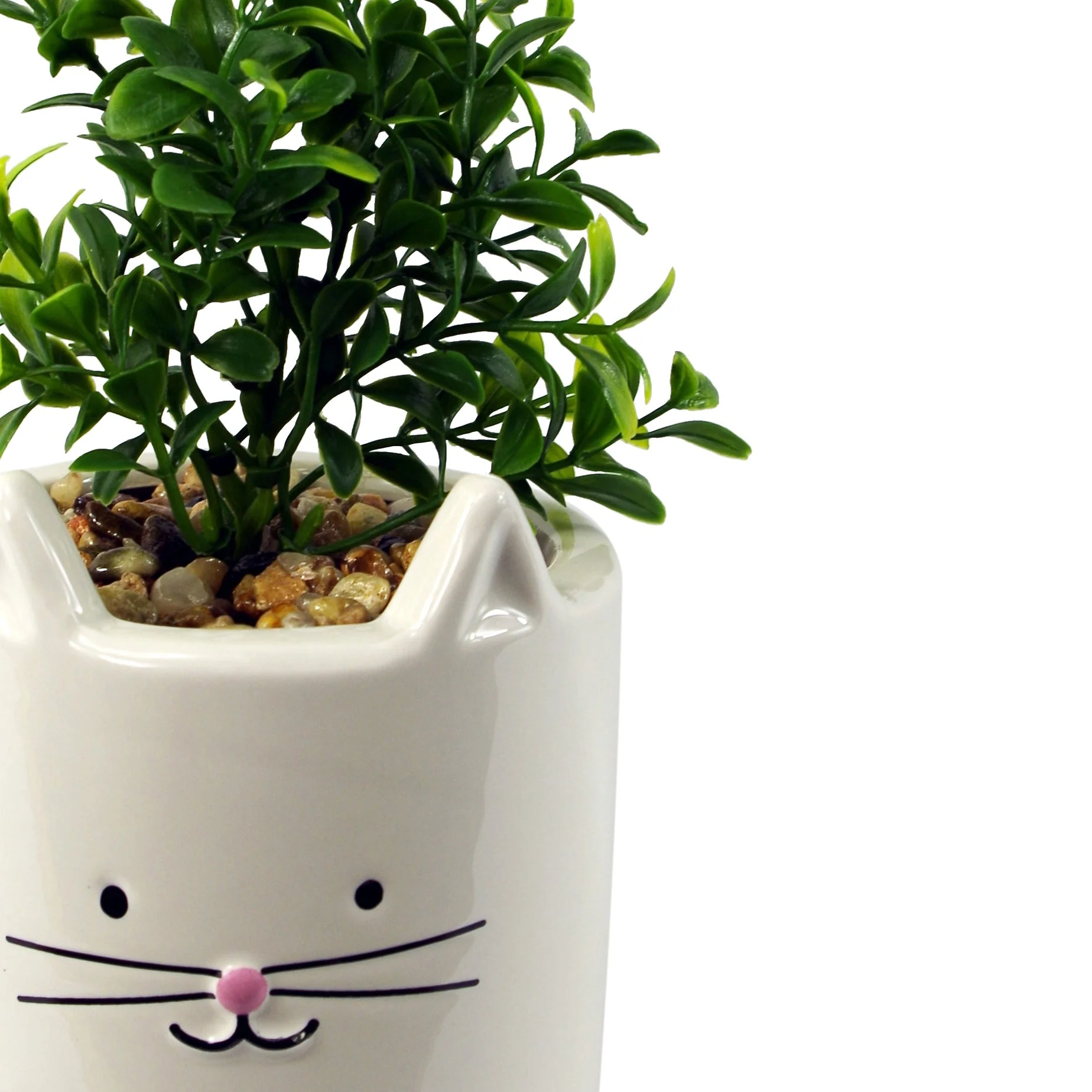 20cm Ceramic White Cat Planter with Artificial Foliage Plant - Image 2