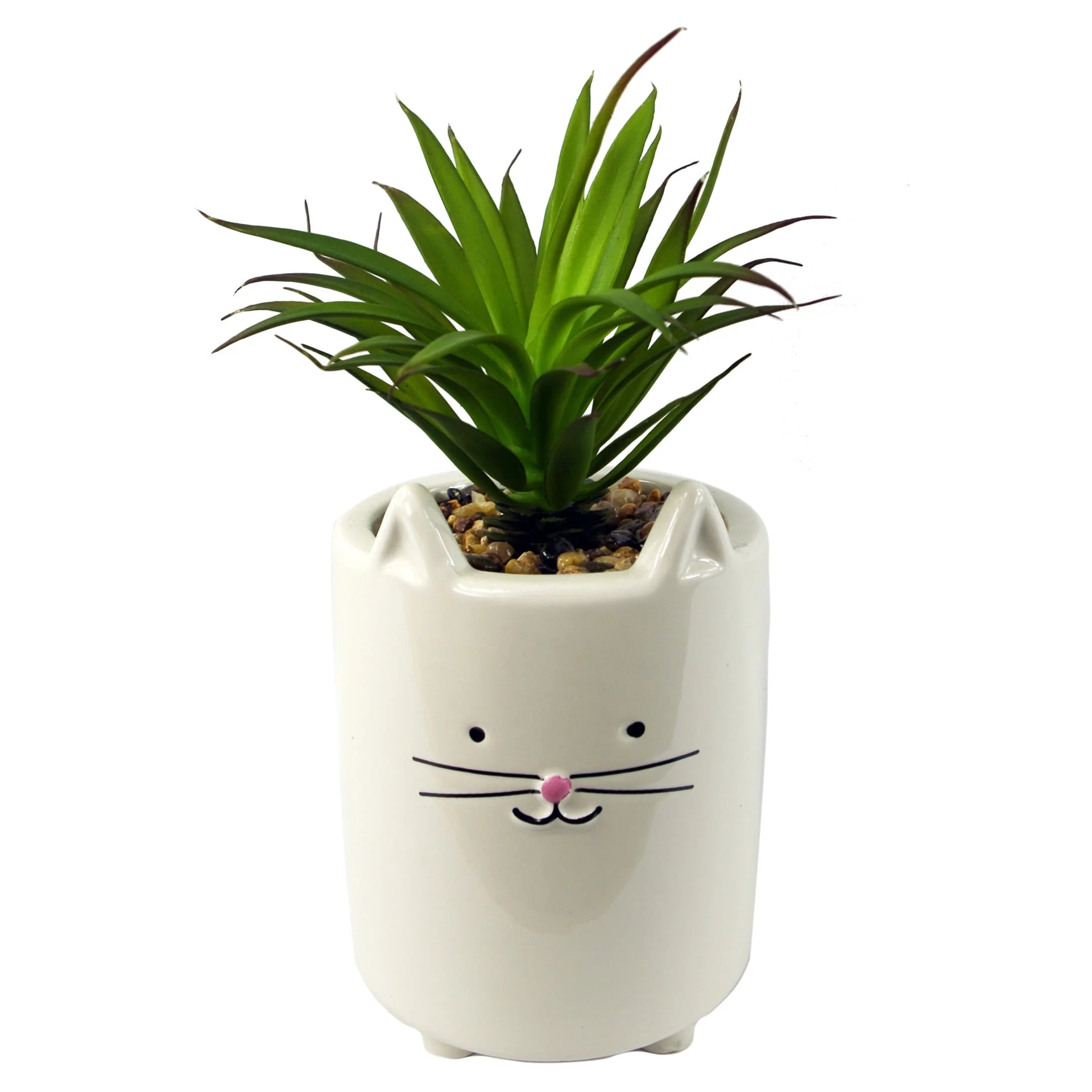 24cm Ceramic White Cat Planter with Artificial Green Succulent Plant
