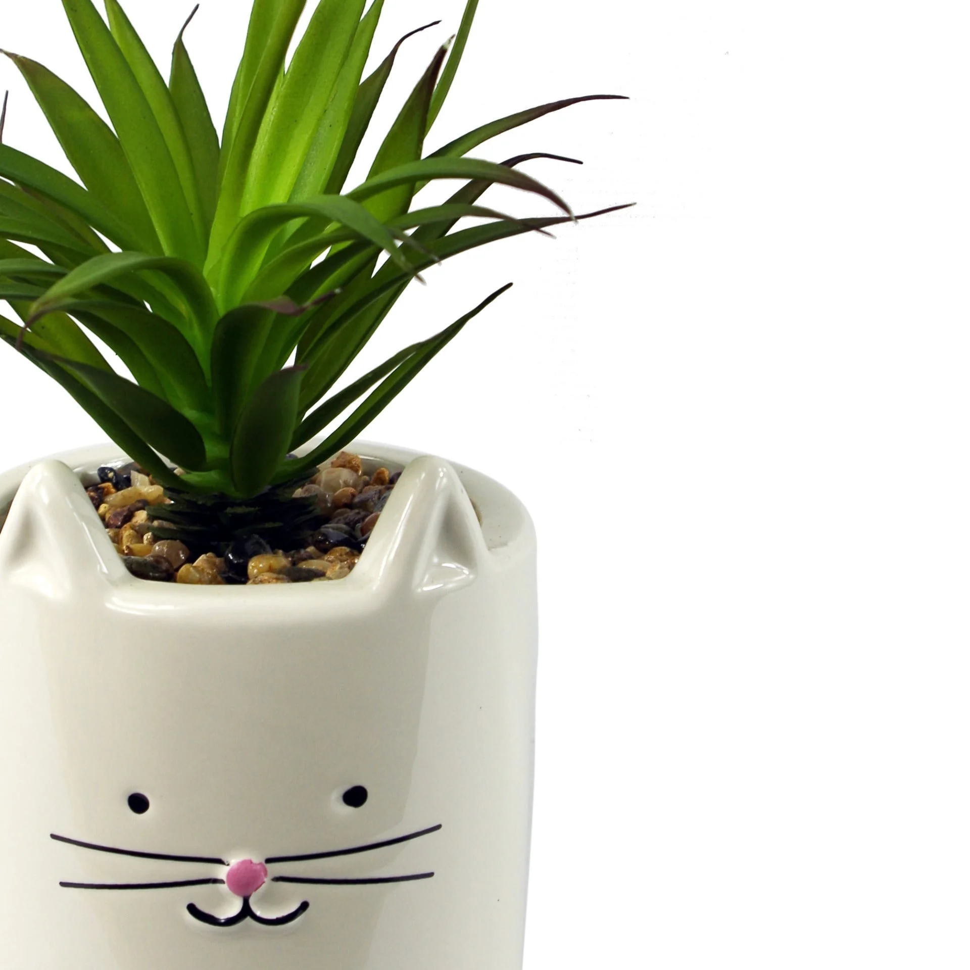 24cm Ceramic White Cat Planter with Artificial Green Succulent Plant - Image 2