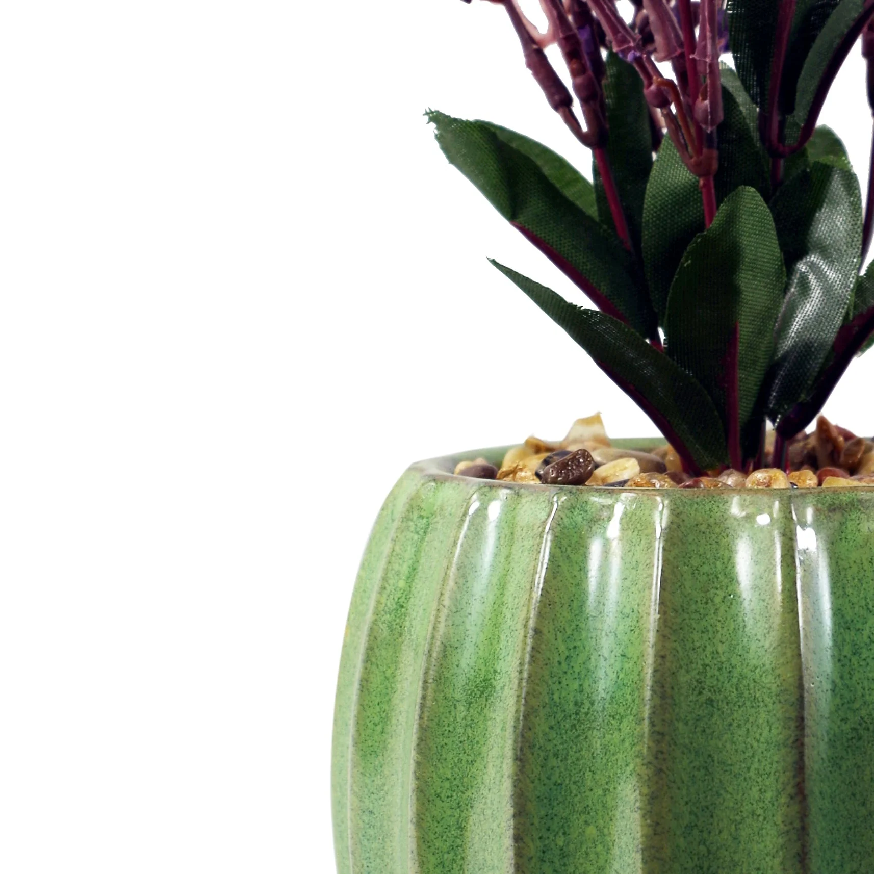 30cm Ceramic Green Glazed Barrel Planter with Artificial Purple Vitex Negundo Plant - Image 3