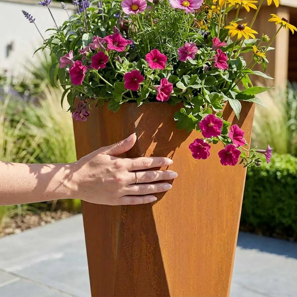 Pre-Rusted Corten Steel Tall Geometric Planter with Feet - Image 29