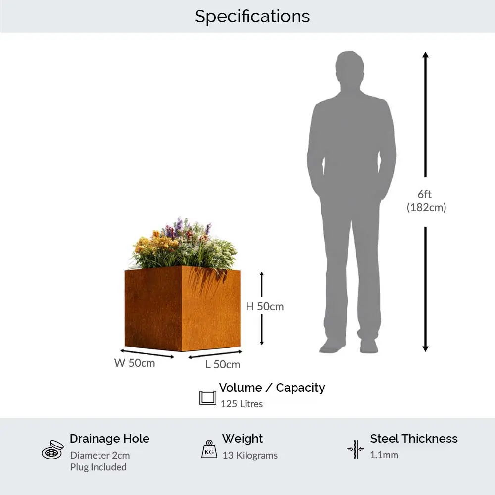 Pre-Rusted Corten Steel Straight Edge Cube Planter with Feet - Image 4