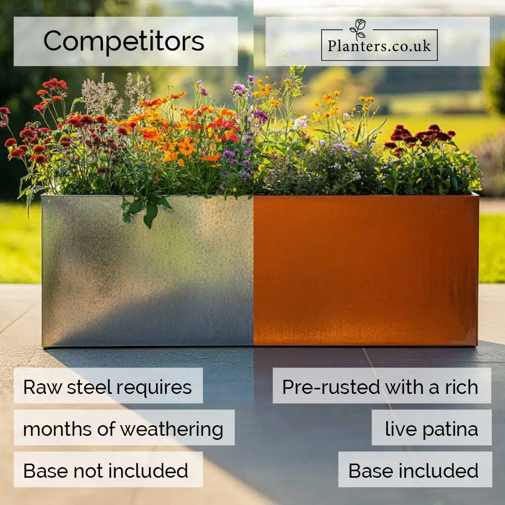 Pre-Rusted Corten Steel Straight Edge Long Trough Planter with Feet - Image 26