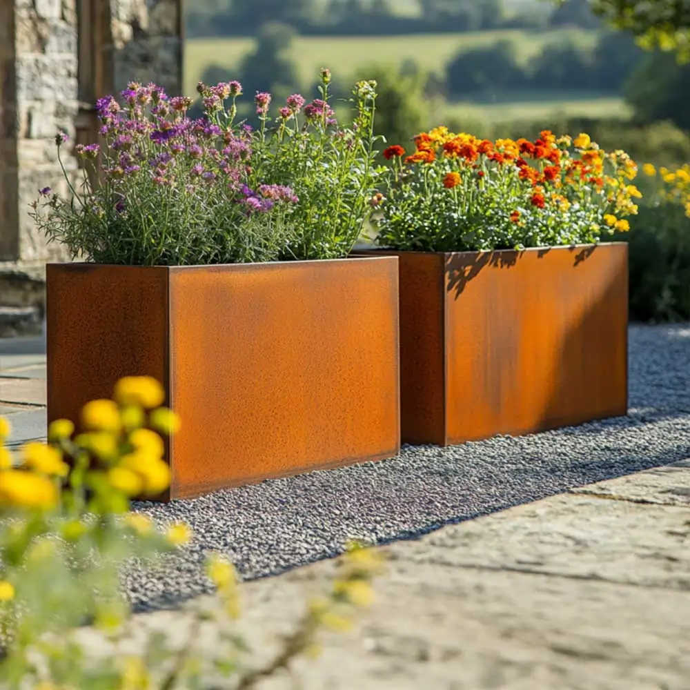 Pre-Rusted Corten Steel Straight Edge Tall Trough Planter with Feet - Image 12