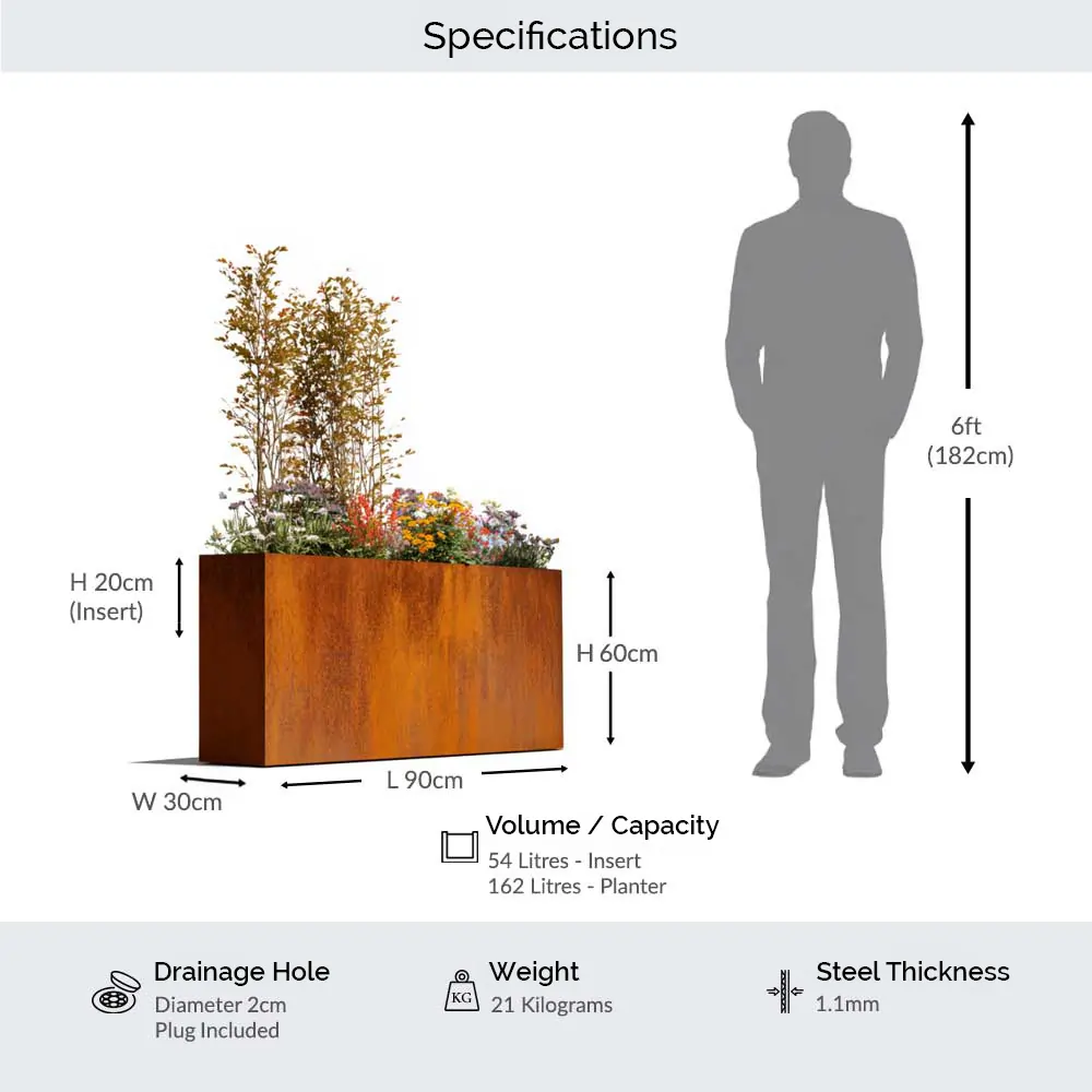 Pre-Rusted Corten Steel Straight Edge Tall Trough Planter with Feet - Image 4