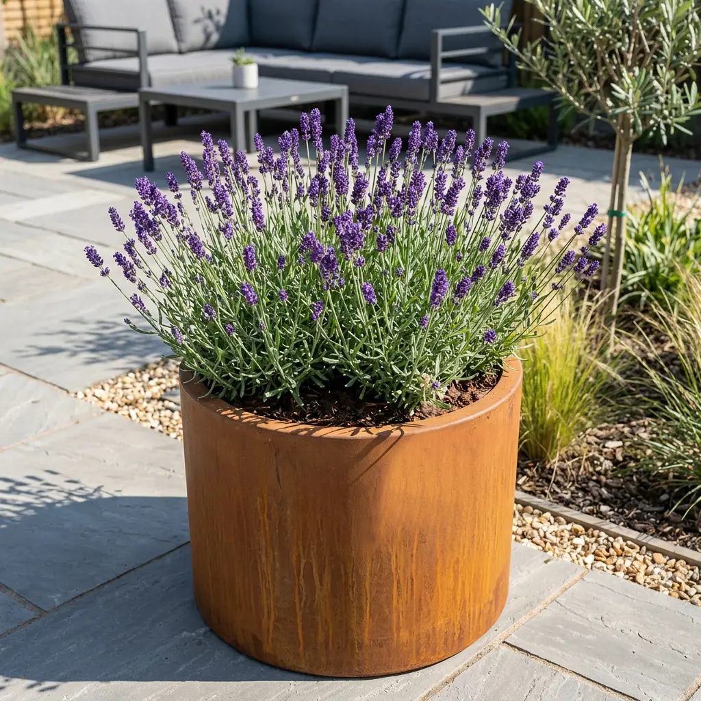 Pre-Rusted Corten Steel Round Short Cylinder Planter with Feet - Image 12