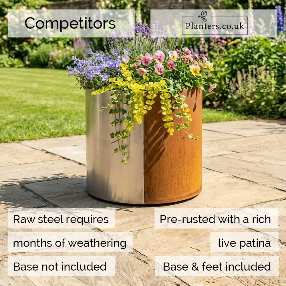 Pre-Rusted Corten Steel Round Short Cylinder Planter with Feet - Image 5