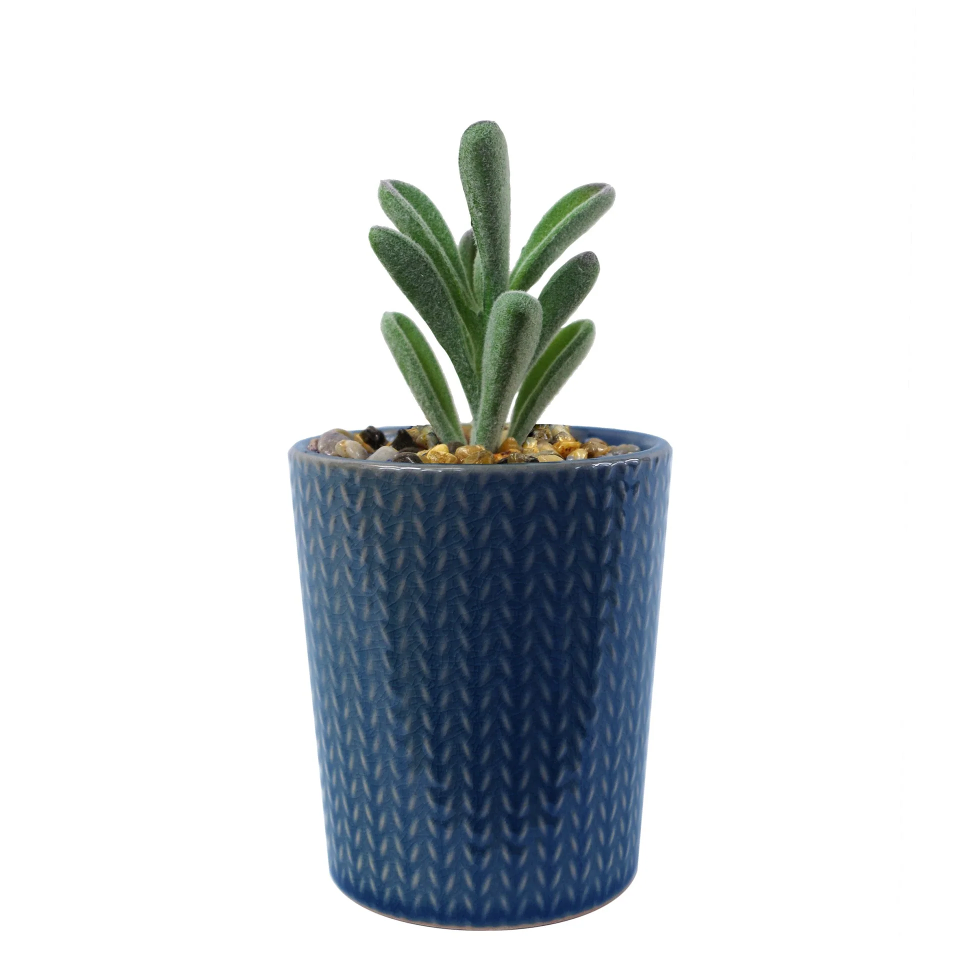 Set of Three 17cm Ceramic Blue Stripe Planter with Artificial Cactus Dracaena & Succulents - Image 4