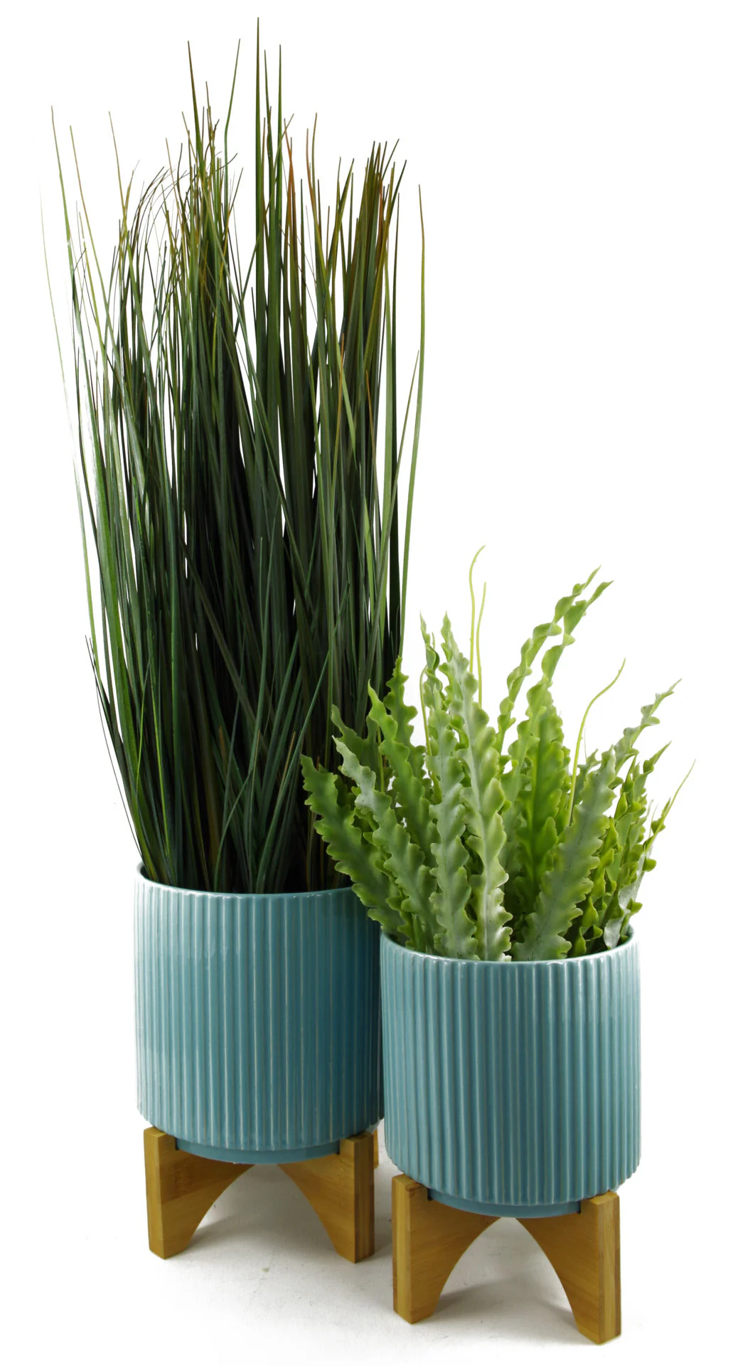 Turquoise Blue Ribbed Ceramic Plant Pot with Bamboo Stand 16.5 x 16.5 x 21cm - Image 2