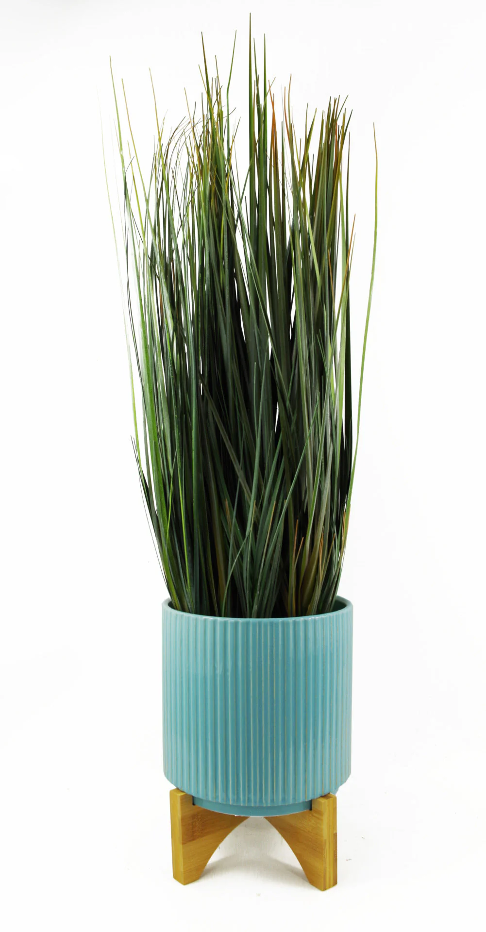 Turquoise Blue Ribbed Ceramic Plant Pot with Bamboo Stand 16.5 x 16.5 x 21cm - Image 3