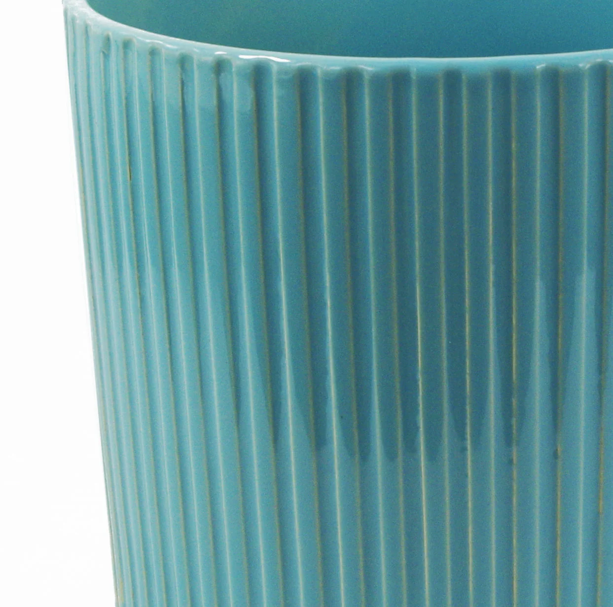 Turquoise Blue Ribbed Ceramic Plant Pot with Bamboo Stand 16.5 x 16.5 x 21cm - Image 4