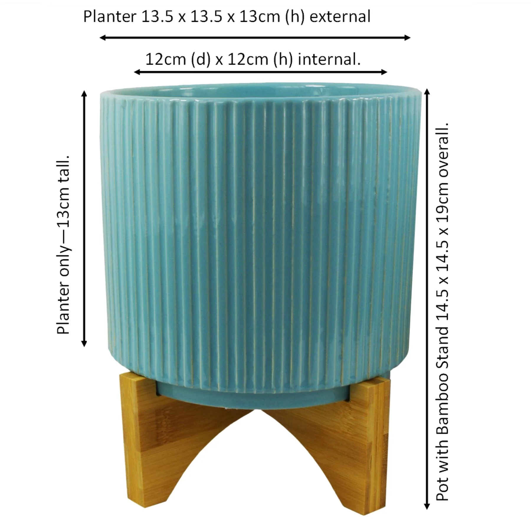 Turquoise Blue Ribbed Ceramic Planter Plant Pot with Bamboo Stand 14.5 x 14.5 x 19cm - Image 3