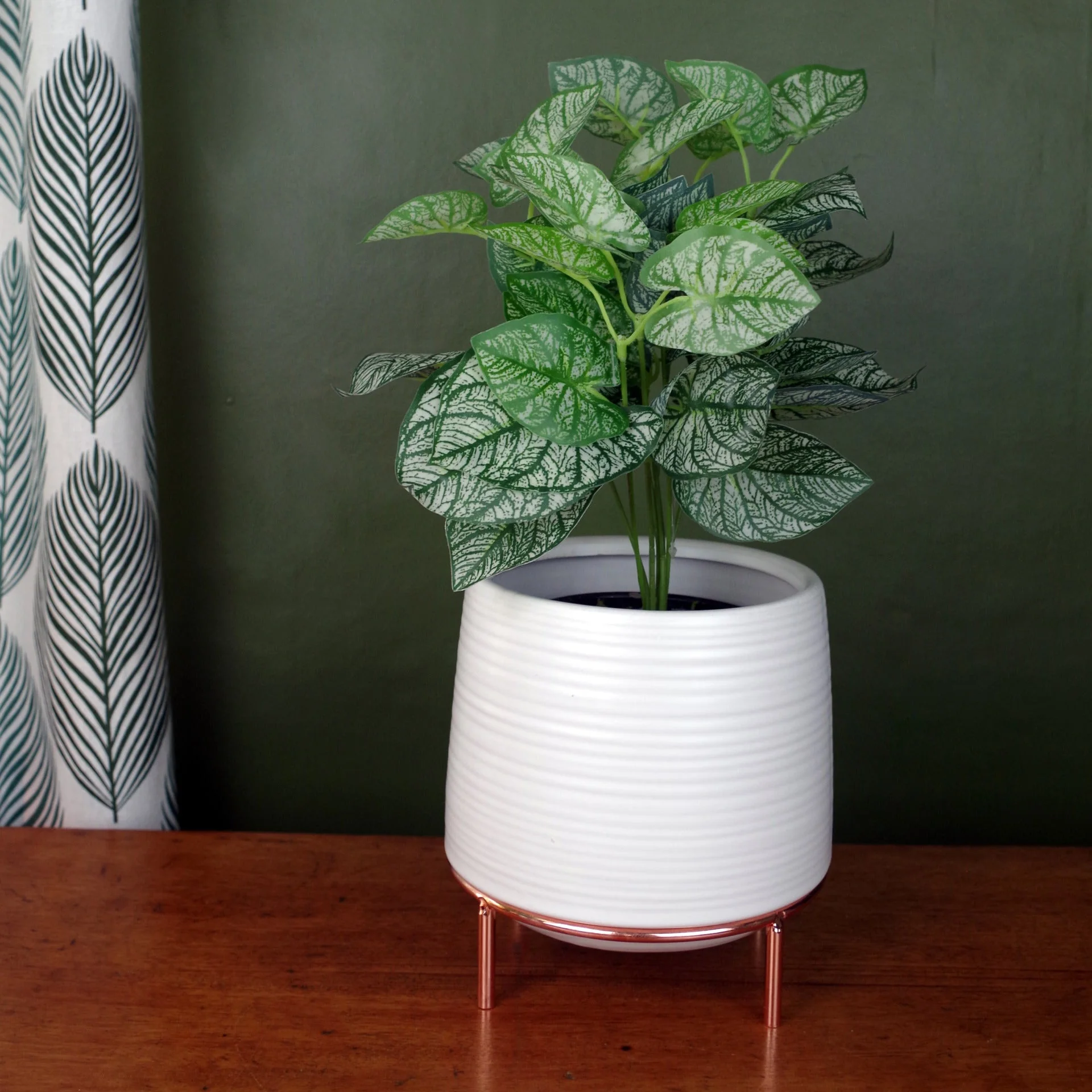 White Ceramic Planter Metal Stand Plant Pot - Image 3